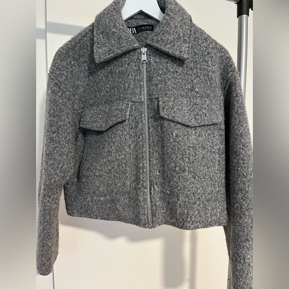 Zara Cropped Boucle Bomber Jacket in Gray